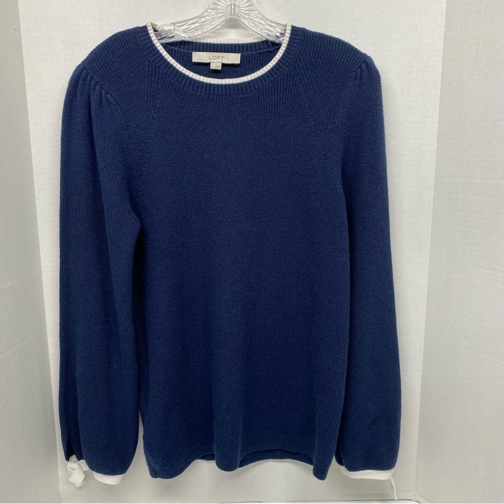Loft Womens Tipped Tie Cuff Sweater Size Large Blue w/White trim & Tie at Sleeve